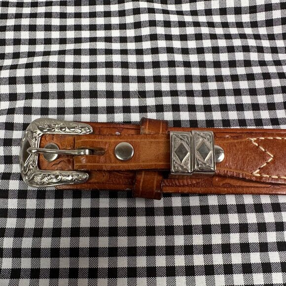 Vintage Floral Embossed Western Cowgirl Cowboy Leather Metal Belt - Picture 1 of 5
